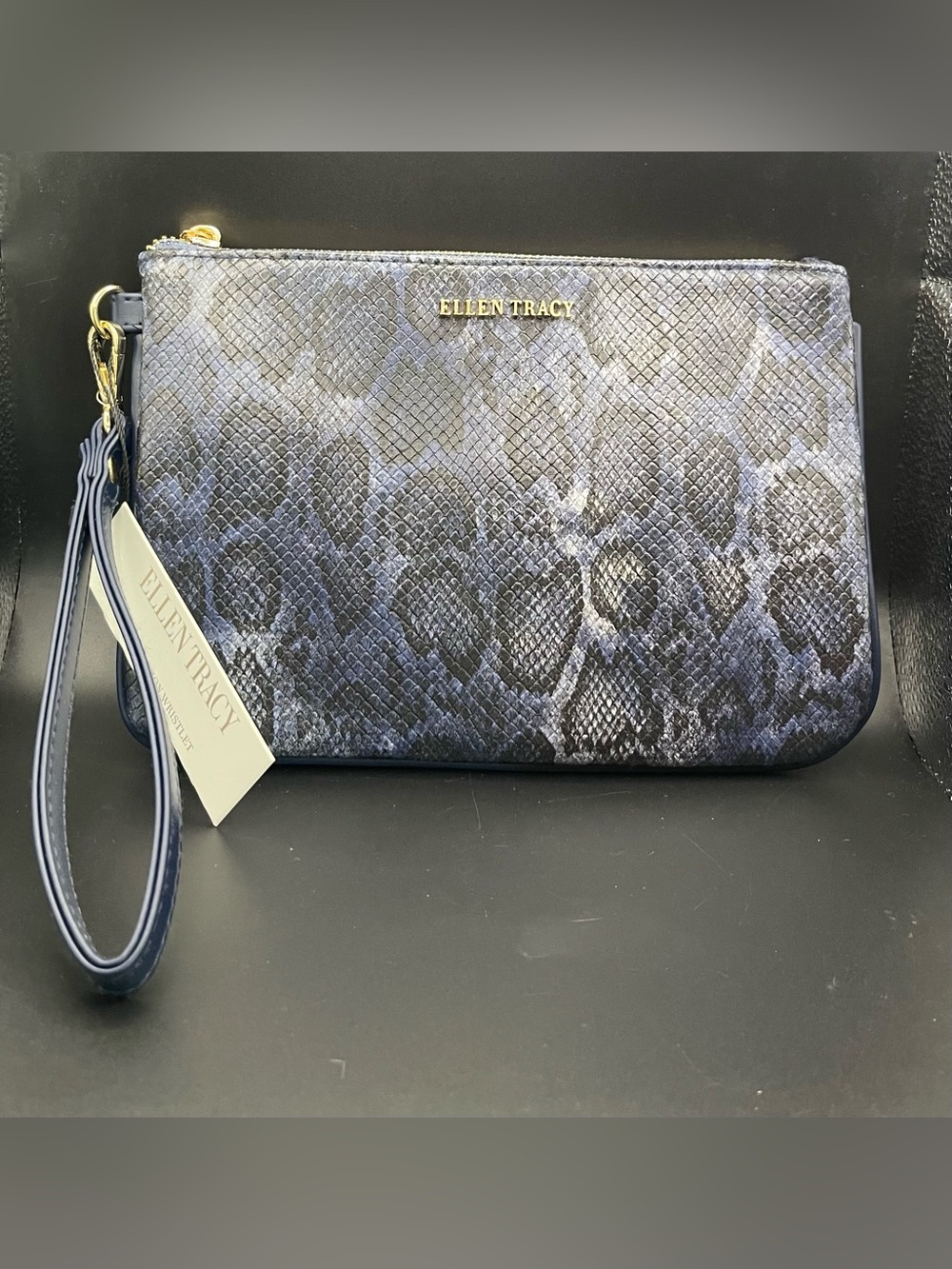 NWT Ellen Tracy Navy Python Snakeskin Print Wristlet Clutch Pouch
